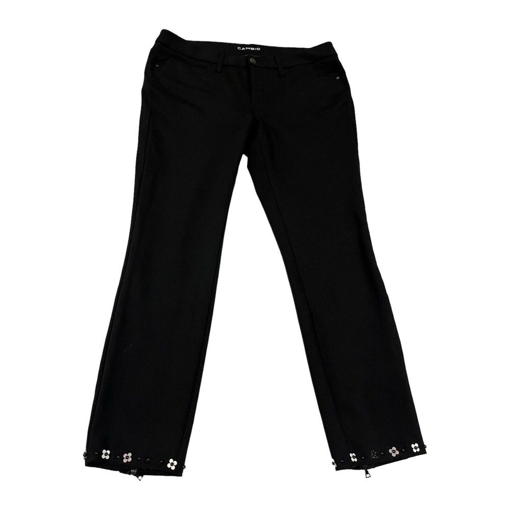 Cambio Women's Black  Stretch Pants, Zipper Ankles Floral‎ Embroidered US Sz 14